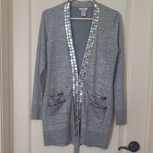 CACHE Shimmering Gray Cardigan with Metallic Accents Size M
